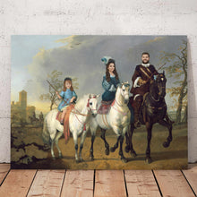 Load image into Gallery viewer, Portrait of a man, woman and girl sitting on three horses stands on the wooden floor near the wall
