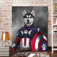 Load image into Gallery viewer, Portrait of a dog with a human body dressed in superhero attire stands on a wooden floor near books
