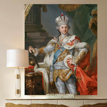 Load image into Gallery viewer, A portrait of an elderly man with long white hair dressed in historical royal clothes with a crown hangs on the beige wall next to the lamp

