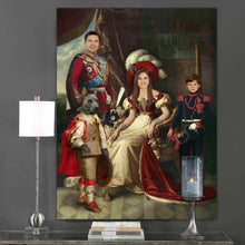 Load image into Gallery viewer, Portrait of the royal family dressed in historical red clothes hangs on the gray wall near the candle
