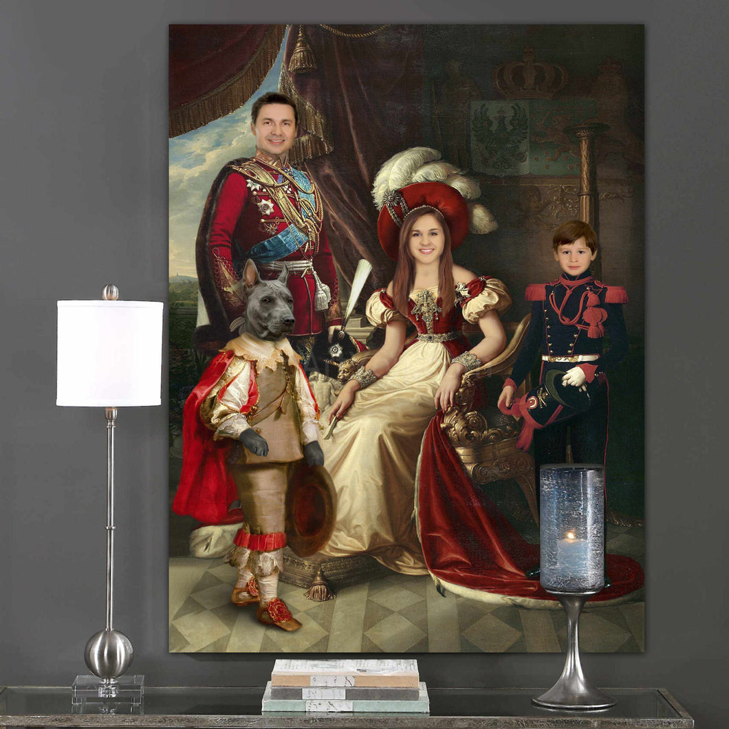 Portrait of the royal family dressed in historical red clothes hangs on the gray wall near the candle
