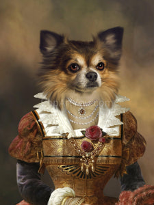 The portrait shows a female dog with a human body wearing a regal gold dress with beads