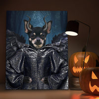 A portrait of a dog with a human body, dressed in black demon clothes, stands on a table near two pumpkins