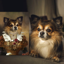 Load image into Gallery viewer, A fluffy female dog sits near a portrait of himself with a human body dressed in a royal gold dress
