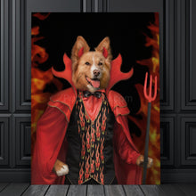 Load image into Gallery viewer, Portrait of a dog with the body of a man dressed in red devil attire stands on a wooden floor near a black wall
