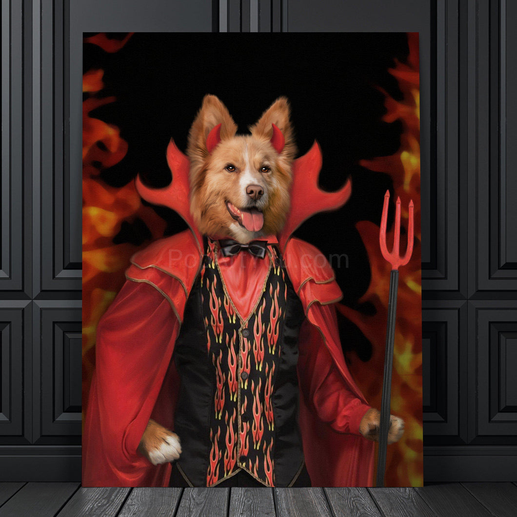 Portrait of a dog with the body of a man dressed in red devil attire stands on a wooden floor near a black wall