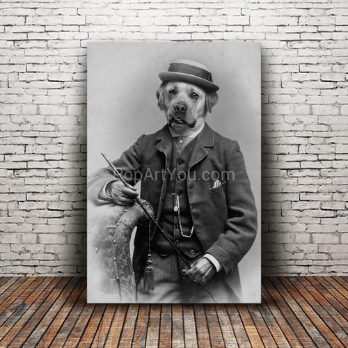 A gentleman with a hat and a cane retro pet portrait