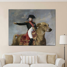 Load image into Gallery viewer, A portrait of a man dressed in historical royal clothes sitting on a huge dog hangs on the beige wall above the sofa
