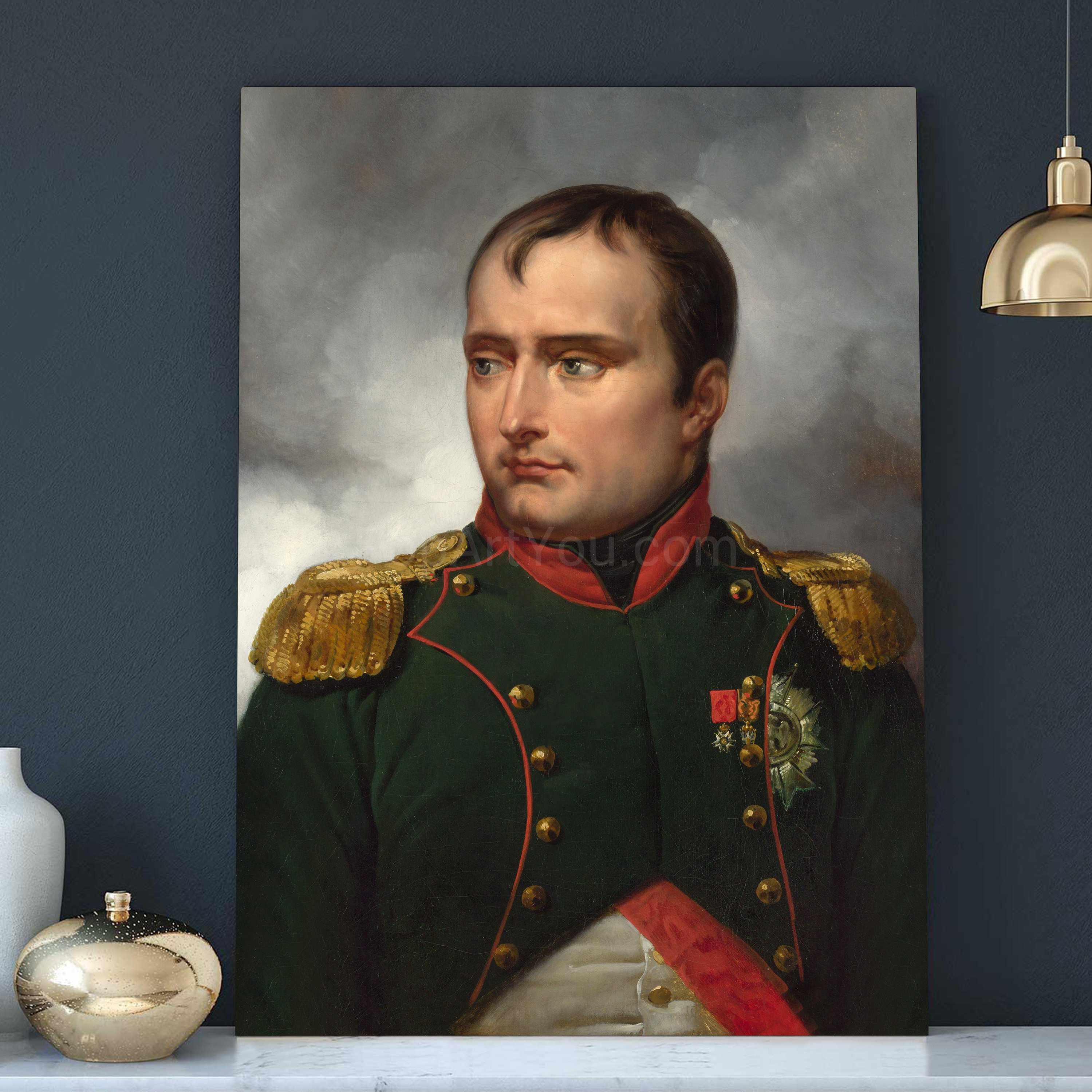 A portrait of a man dressed in renaissance regal attire stands on a white table against a blue wall