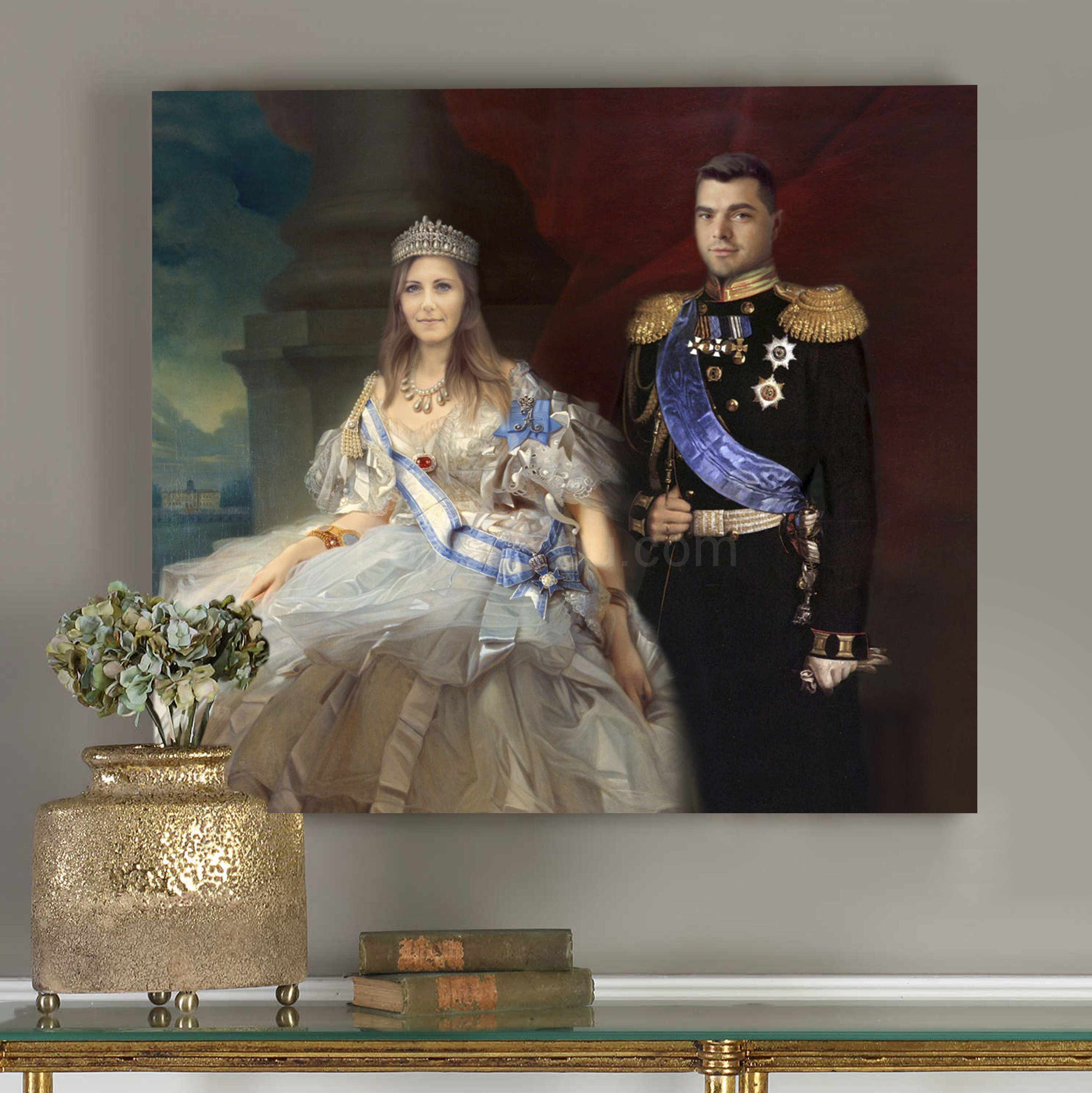 Portrait of a couple dressed in historical regal attires standing near red curtains hangs on a gray wall near a golden vase