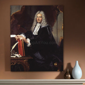 A portrait of a man dressed in historical royal clothes hangs on the brown wall next to two vases