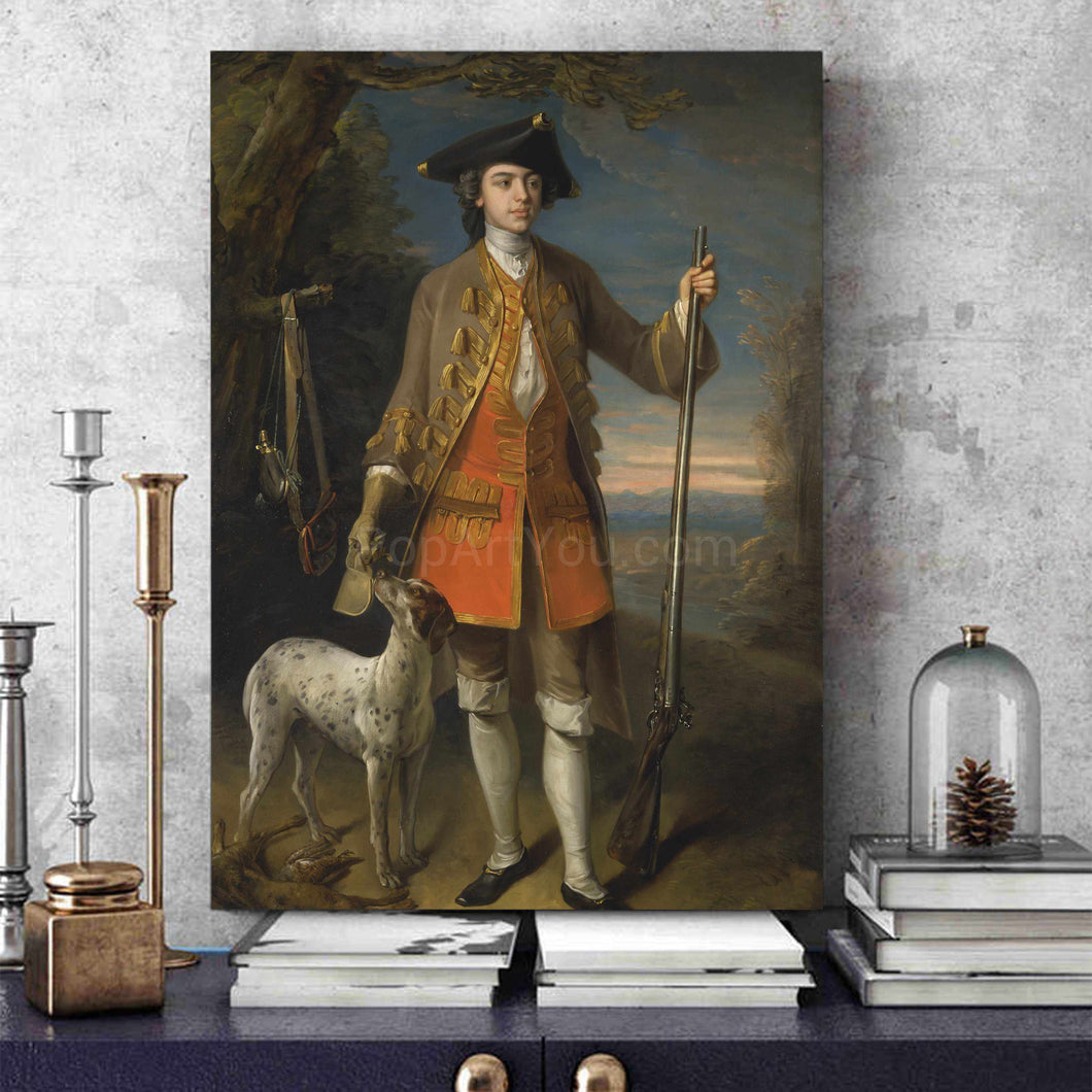A portrait of a man standing next to a dog dressed in historical royal clothes stands on a blue table