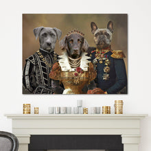 Load image into Gallery viewer, Portrait of three dogs with human bodies dressed in historical royal clothes hangs on the white wall above the fireplace
