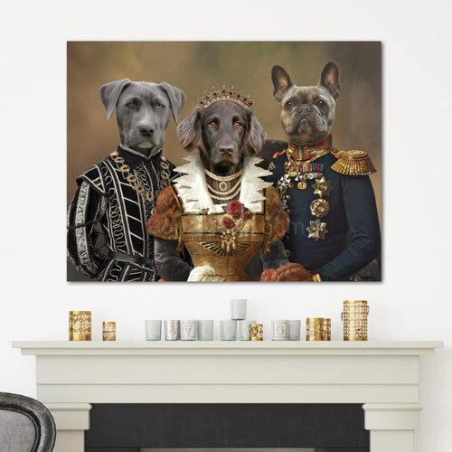 Portrait of three dogs with human bodies dressed in historical royal clothes hangs on the white wall above the fireplace