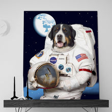 Load image into Gallery viewer, Portrait of a dog with a human body dressed in white clothes of the American cosmonaut stands on a black wooden shelf
