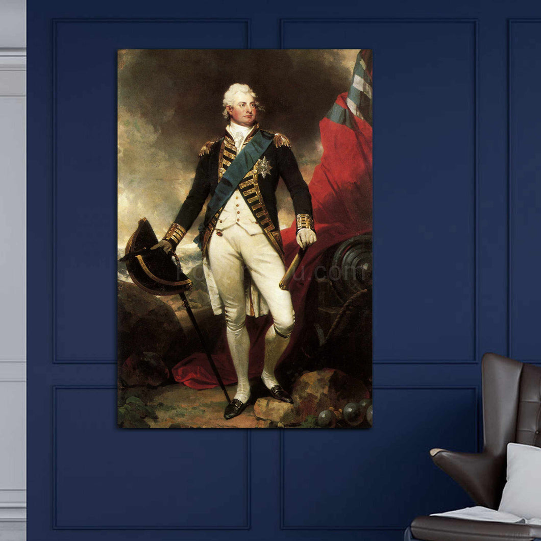 A portrait of a man with white hair dressed in historical royal clothes wearing royal clothes hangs on the blue wall above the chair