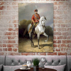 A portrait of a man sitting on a horse dressed in historical royal clothes hangs on the brick wall above the sofa