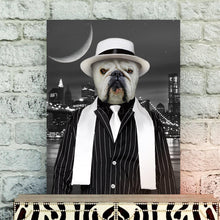 Load image into Gallery viewer, Portrait of a dog with a human body dressed in black mafia attire hanging on a white brick wall
