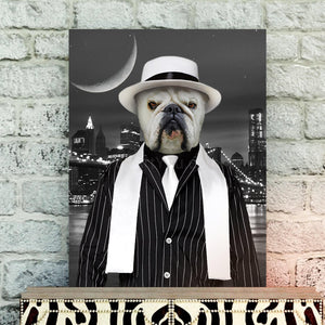 Portrait of a dog with a human body dressed in black mafia attire hanging on a white brick wall