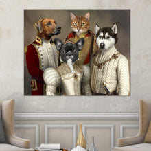 Load image into Gallery viewer, Portrait of three dogs and a cat with human bodies dressed in historical royal attires hangs on a white wall near two armchairs

