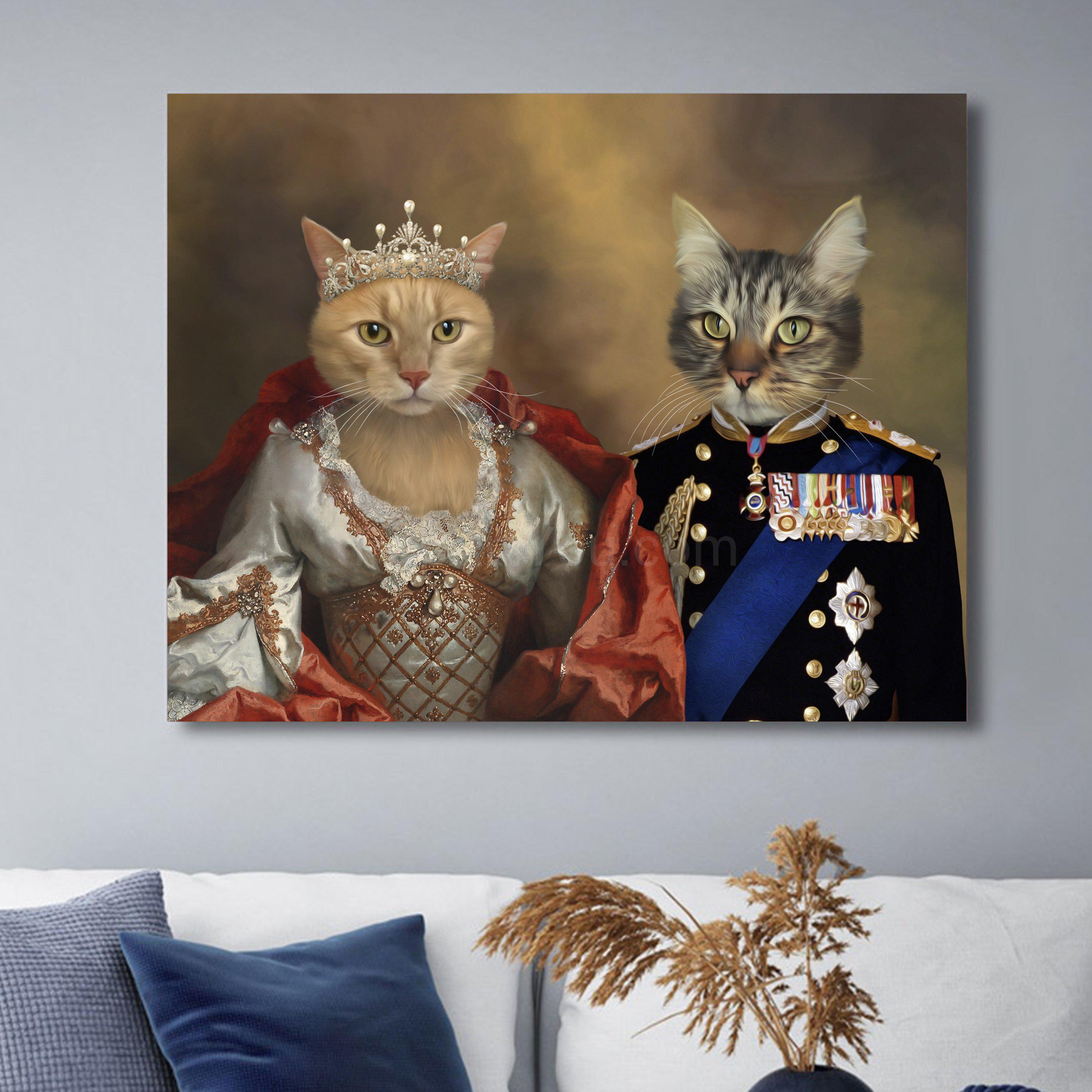 Portrait of a couple of two cats with a human body dressed in historical royal clothes with a crown hanging on a white wall above the sofa