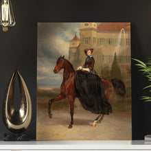 Load image into Gallery viewer, Portrait of a woman riding a horse dressed in a black royal dress with a hat stands on a white table
