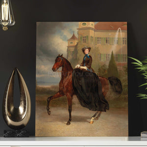 Portrait of a woman riding a horse dressed in a black royal dress with a hat stands on a white table