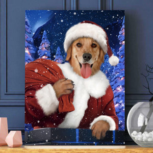 Canvas painting of a dog with a human body dressed in red Santa Claus clothes stands on a wooden table near a glass vase