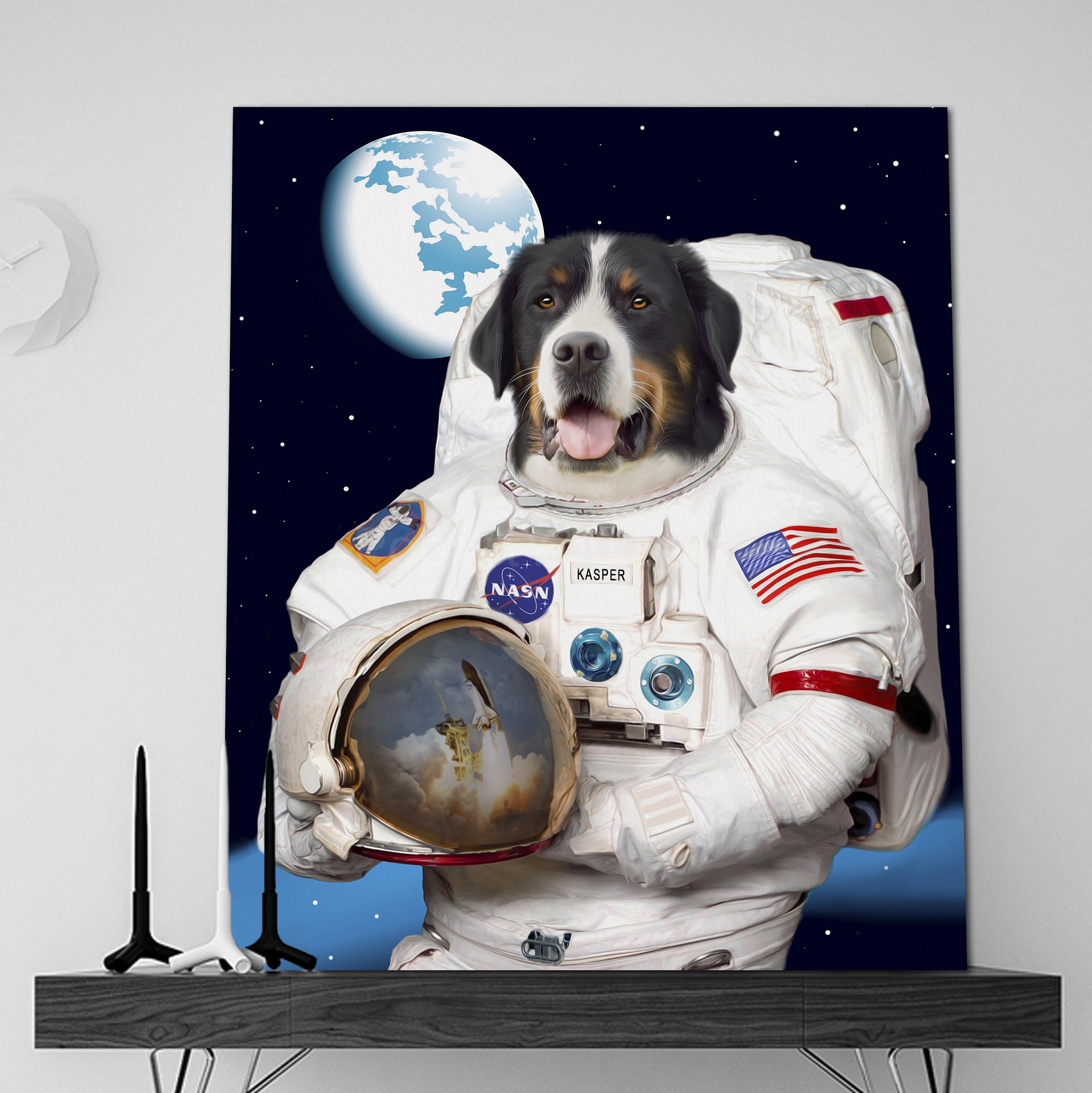 Portrait of a dog with a human body dressed in white Astronaut attire stands on a black wooden shelf