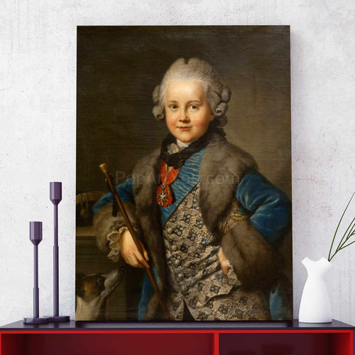 Portrait of a boy with white hair dressed in historical regal attire stands on a red table