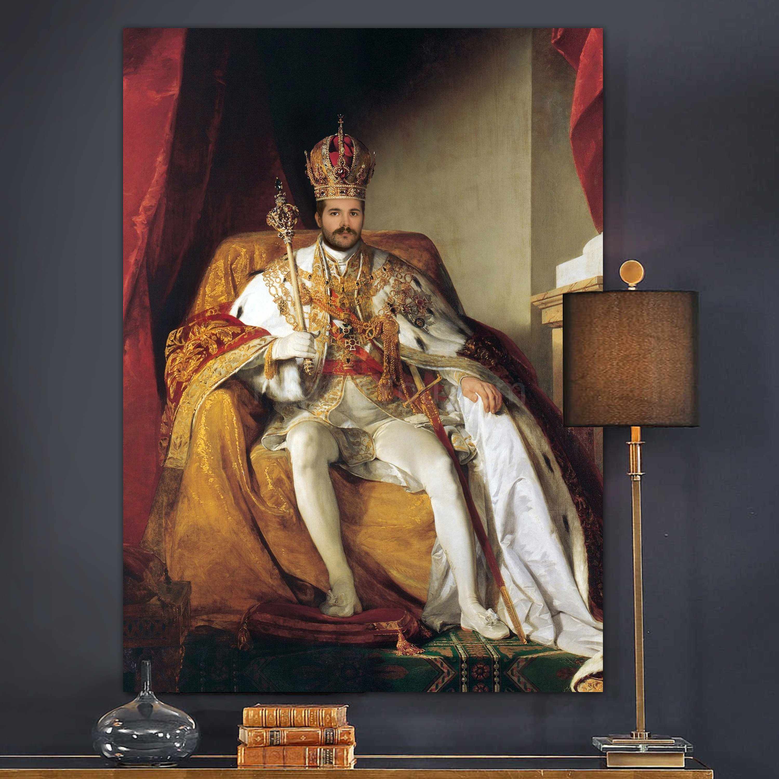 On the gray wall next to the floor lamp hangs a portrait of a man dressed in a royal costume