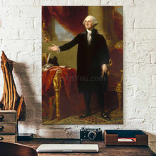 Load image into Gallery viewer, A portrait of a man with white hair dressed in black regal attire hangs on the white brick wall above the desk
