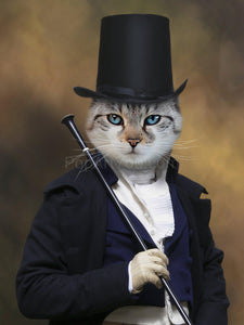 Canvas portrait of a cat with blue eyes, dressed in historical attire with a cane
