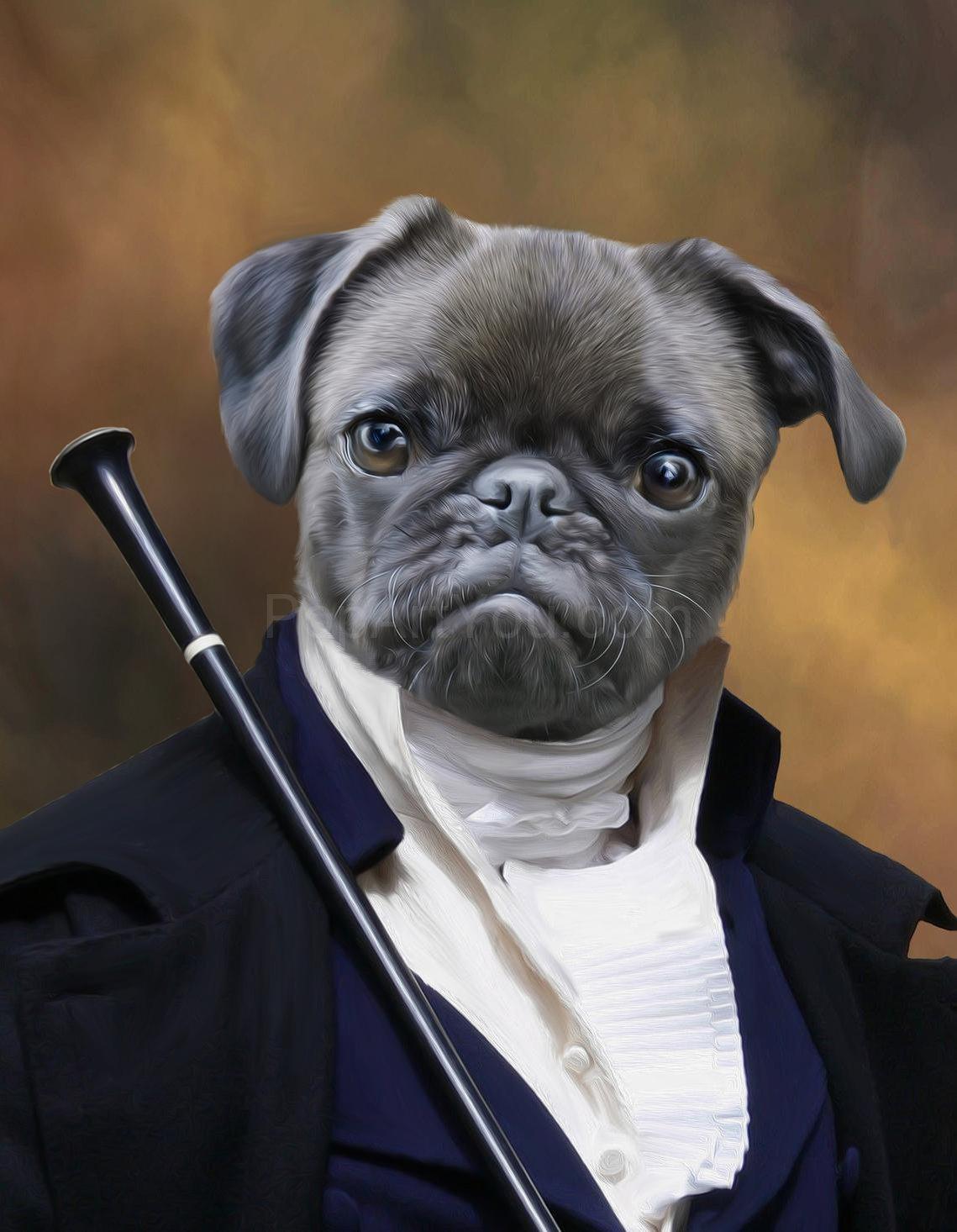 Canvas portrait of a pug head on a human body in historical attire with a cane