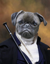 Load image into Gallery viewer, Canvas portrait of a pug head on a human body in historical attire with a cane
