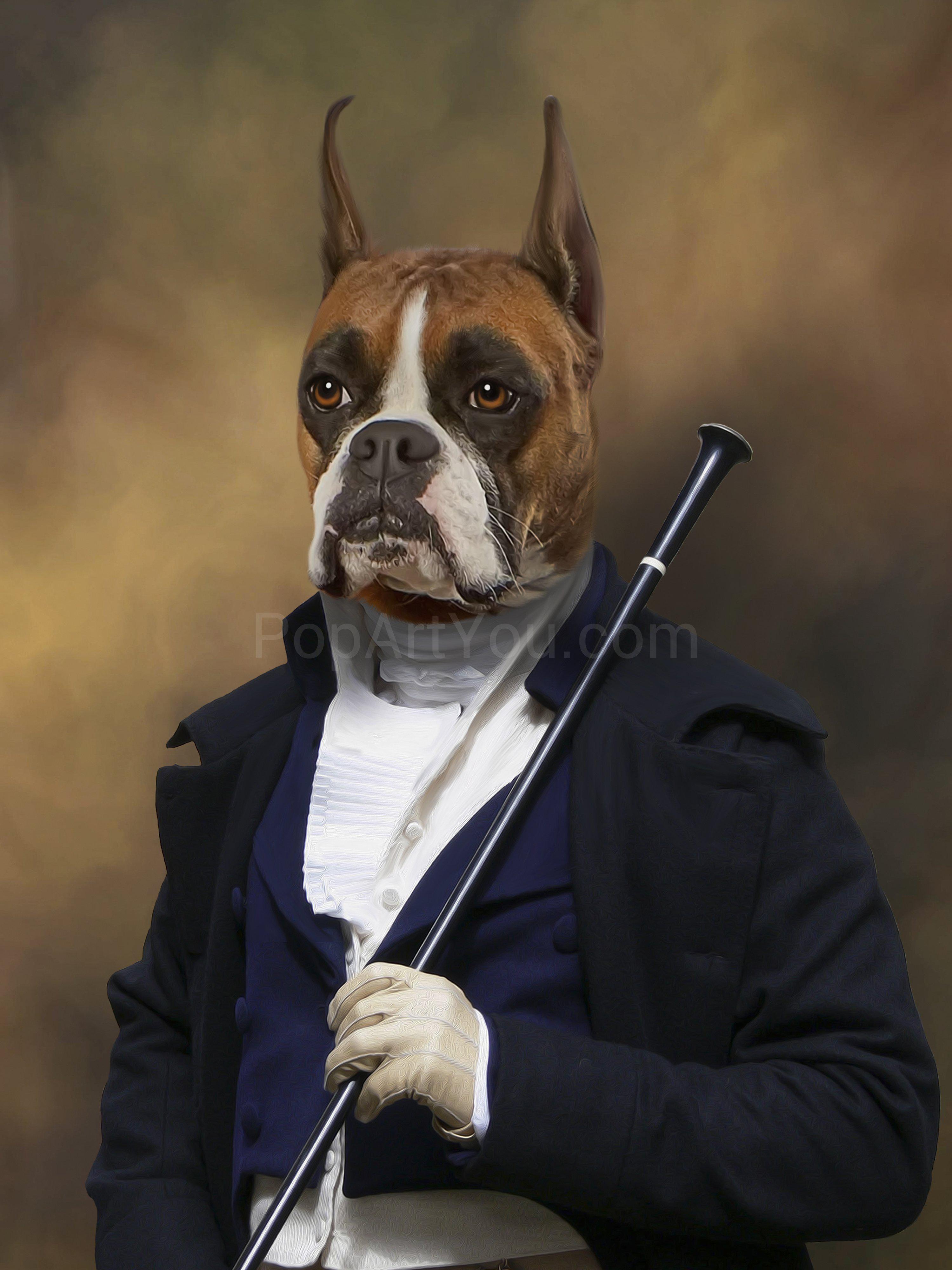 Portrait of a dog in a historical ambassador's costume with a cane in his hand