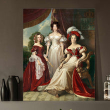 Load image into Gallery viewer, Portrait of three women dressed in red royal dresses stands on a gray shelf near a black vase
