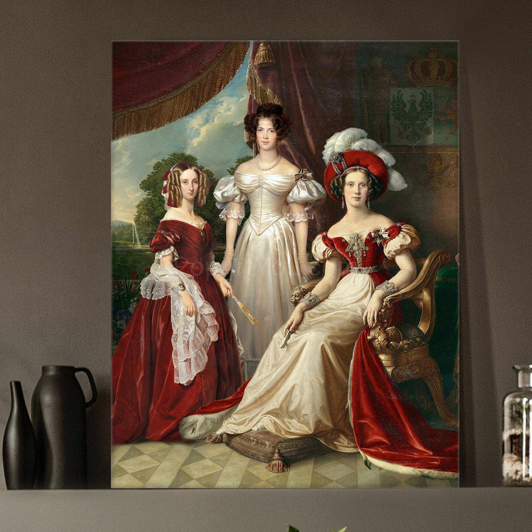 Portrait of three women dressed in red royal dresses stands on a gray shelf near a black vase