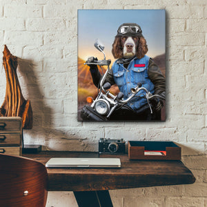 Portrait of a biker dog with a human body riding a chopper hangs on a white brick wall above a work table