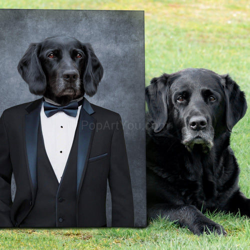 Black dog sitting by a portrait of himself with a human body dressed in a black Bond suit