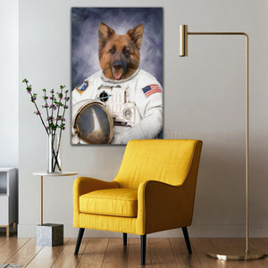 Portrait of a dog with a human body dressed in white attire of an American astronaut hangs on a gray wall near a yellow chair