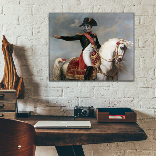 Portrait of a dog with a human body dressed in a Napoleon costume riding a horse hanging on a white brick wall above the work table