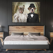 Load image into Gallery viewer, Wedding portrait of two dogs hanging on a dark wall over a wooden bed

