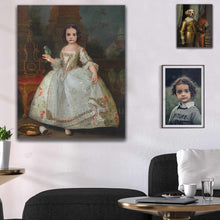 Load image into Gallery viewer, Portrait of a girl dressed in a white royal dress holding a parrot in her hand hangs on a white wall

