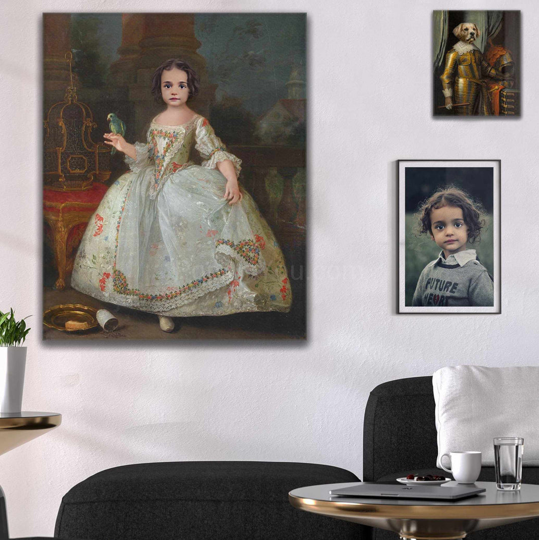 Portrait of a girl dressed in a white royal dress holding a parrot in her hand hangs on a white wall
