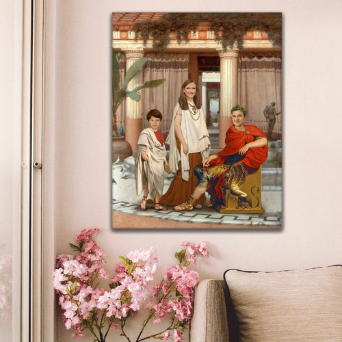 Portrait of a boy, woman and man in historical Greek costumes hangs on the wall above the sofa
