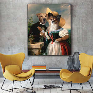 Portrait of a flirting couple of two dogs with human bodies hanging on a gray wall near two yellow armchairs
