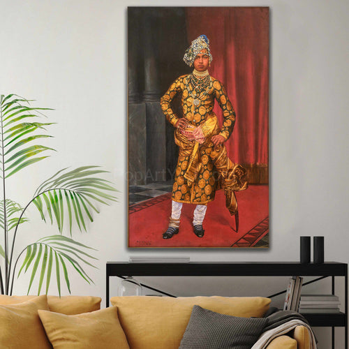 A portrait of a man dressed in gold royal robes hangs on a white wall above a black table