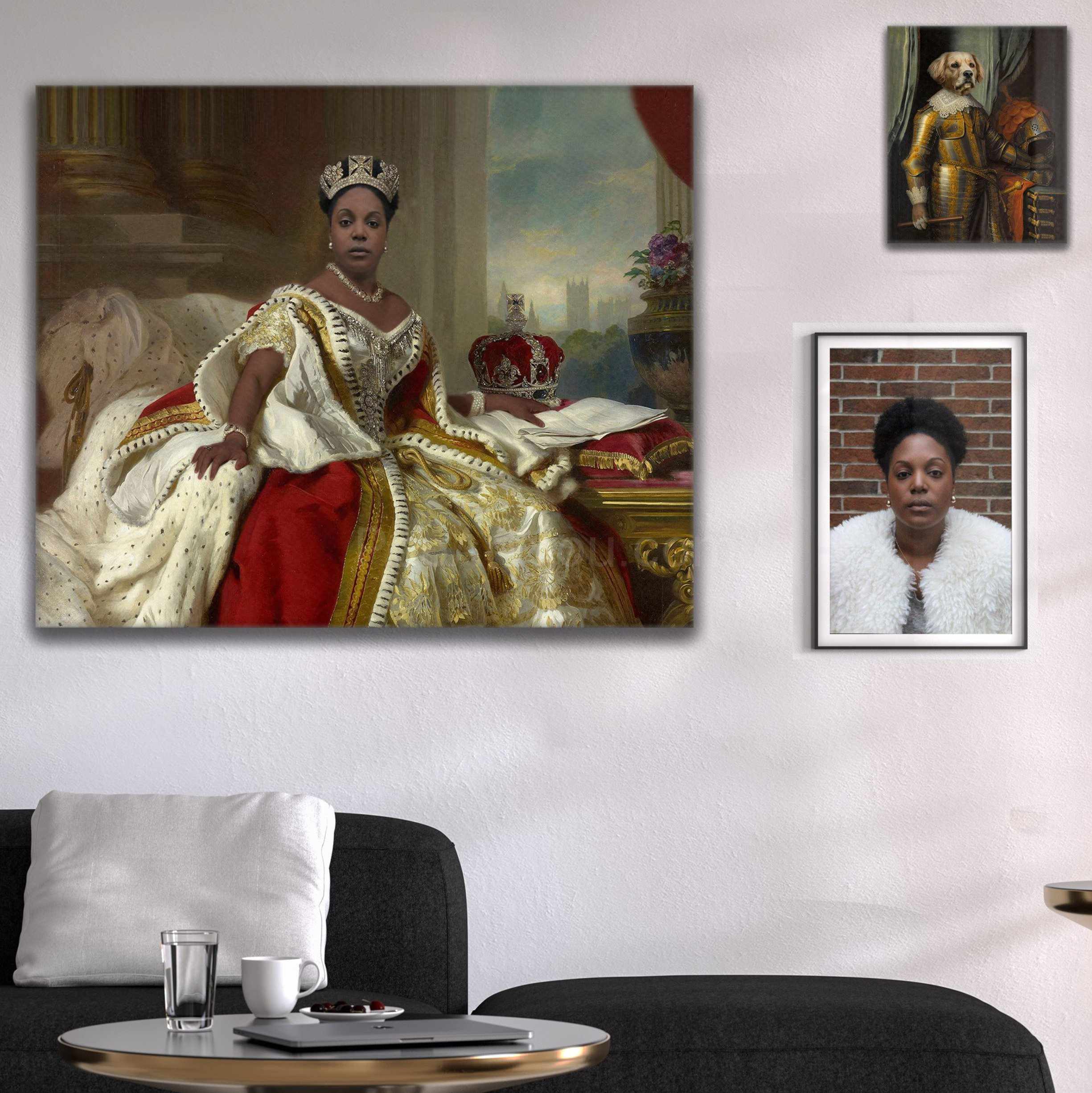 Portrait of a girl dressed in a royal dress hanging on a white wall over a gray sofa