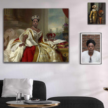 Load image into Gallery viewer, Portrait of a girl dressed in a royal dress hanging on a white wall over a gray sofa
